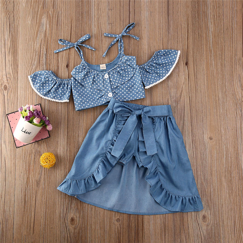 Toddler Girl Blue Polka Dots Halter Top Dovetail Dresses Shorts 3PCS Sets