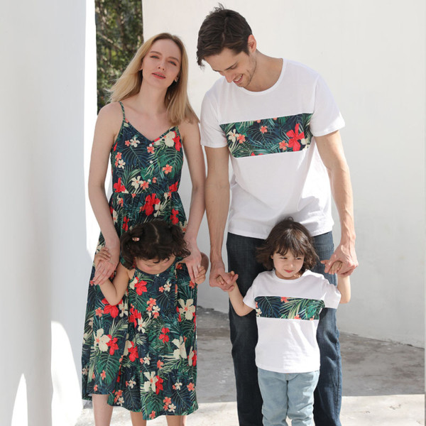 Matching Family Sets Green Tropical Floral Dress And T-shirt