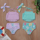 Toddler Girls Prints Fish Scale Bowknot Tassels Bikini Swimsuit