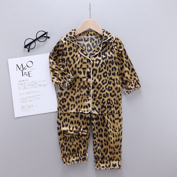 Toddler Kids Girl Brown Leopard Long Sleeves Pajamas Rayon Silk Sleepwear Set