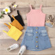 Toddler Girl Knitted Halter Vest Top Button Denim Skirt Two Pieces Sets