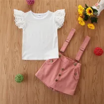 Toddler Girl Hollow Cut Ruffles Sleeves Top Pink Overall Dress Two Pieces Sets