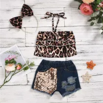 Toddler Girl Leopard Print Stretch Multi-layer Top and Sequined Denim Shorts With Hair Band Set