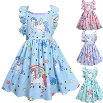 Girl Dresses Ruffles Sleeves Unicorns A-line Dresses