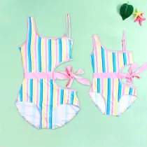 Mommy and Me Matching Swimwear Bow Tie Up One-piece Swimsuit