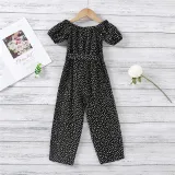 Toddler Girls Dot Printed Falbala One-shoulder Puff Sleeve Jumpsuits