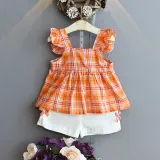 Toddler Girl Ruffles Plaid Top and Shorts Two Pieces Sets