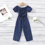Toddler Girls Dot Printed Falbala One-shoulder Puff Sleeve Jumpsuits