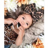 Toddler Girl Leopard Print Stretch Multi-layer Top and Sequined Denim Shorts With Hair Band Set