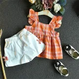 Toddler Girl Ruffles Plaid Top and Shorts Two Pieces Sets