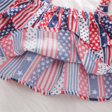 Toddler Girl Independence Day Strap Ruffle Top Ripped Denim Shorts Two Pieces Sets