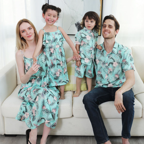 Matching Family Sets Tropical Prints Flowers Dress And T-Shirt