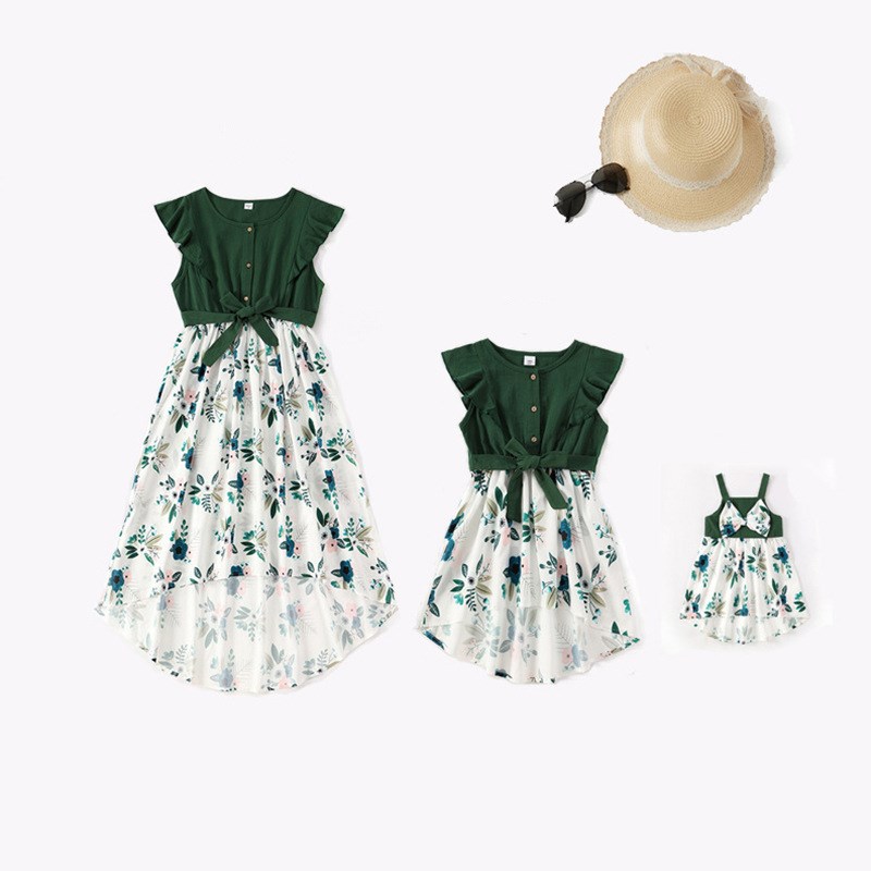 Mommy and Me Ruffles Sleeve Floral Bowknot Dresses