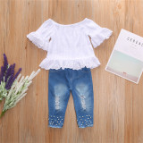 Toddler Girl Off The Shoulder Hollow Up Blouse and Pearl Ripped Jeans Two Pieces Sets