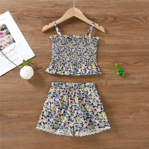 Toddler Girls Sling Floral Vest Top and Lace Shorts Two Pieces Set