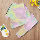 Toddler Girl RainbowTie-dye Long Sleeved Top Slogan Pants Two Pieces Sets