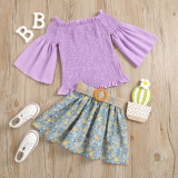 Toddler Girl Bell Flared Pleated Blouse and Flowers Skirt Two Pieces Sets