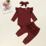Baby Girl Ruffles Long Sleeves Bodysuit and Pants Two Pieces Outfits with Hairband