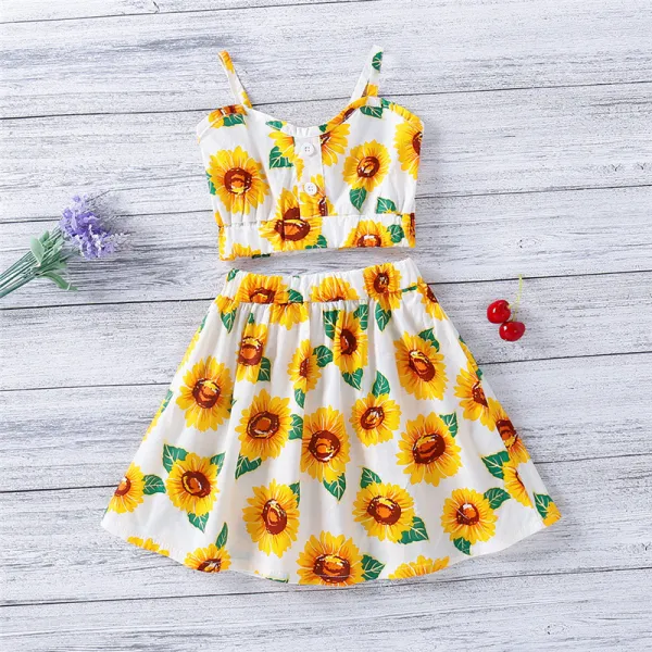 Toddler Girls Sunflowers Halter Vest Top and High Waist Skirt Two Pieces Sets