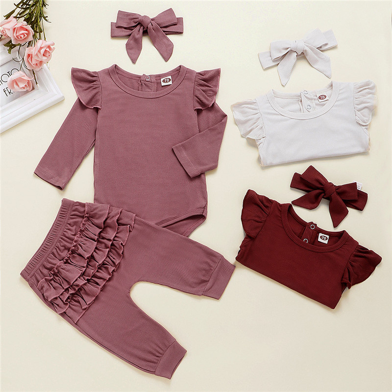 Baby Girl Ruffles Long Sleeves Bodysuit and Pants Two Pieces Outfits with Hairband