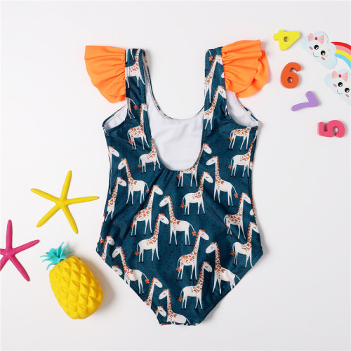 Toddler Kids Girl Giraffes Pattern Navy One-piece Swimsuit