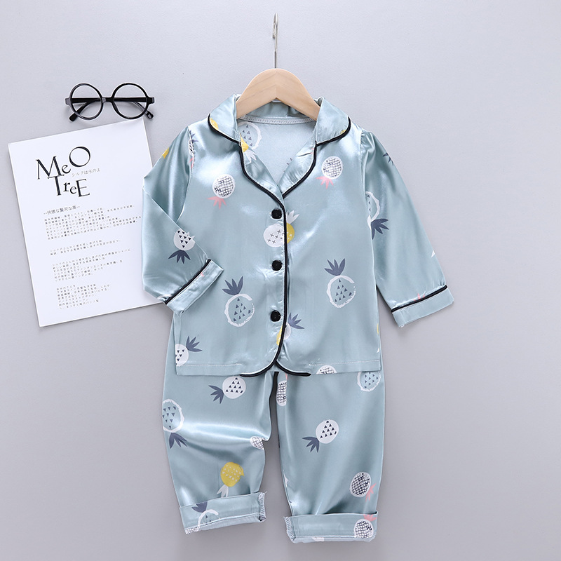 Toddler Kids Girl Prints Pineapples Long Sleeves Pajamas Rayon Silk Sleepwear Sets