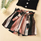 Toddler Girl Buttons Slip Top and Striped Shorts Two Pieces Sets