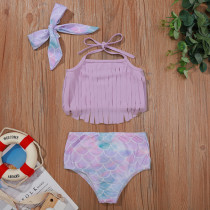 Toddler Girls Prints Fish Scale Bowknot Tassels Bikini Swimsuit
