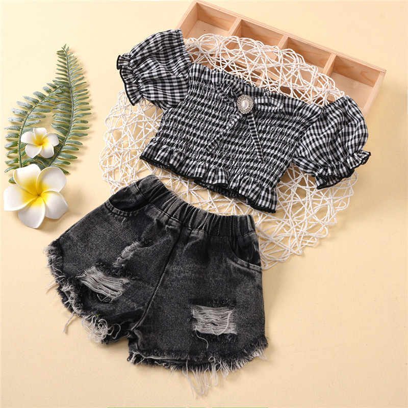 Toddler Girl Puff Sleeve Plaids Top Ripped Denim Shorts Two Pieces Sets
