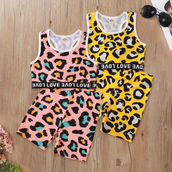 Toddler Girl Leopard Love Vest Top and Short Sport Two Pieces Sets