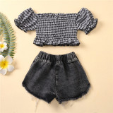 Toddler Girl Puff Sleeve Plaids Top Ripped Denim Shorts Two Pieces Sets
