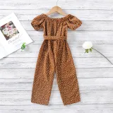 Toddler Girls Dot Printed Falbala One-shoulder Puff Sleeve Jumpsuits