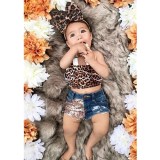 Toddler Girl Leopard Print Stretch Multi-layer Top and Sequined Denim Shorts With Hair Band Set