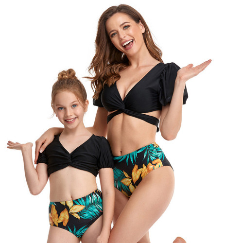 Mommy and Me Matching Swimwear Leopard Print Puff Sleeve Cross Over Two Pieces Swimsuit