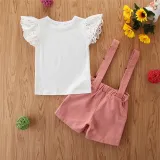 Toddler Girl Hollow Cut Ruffles Sleeves Top Pink Overall Dress Two Pieces Sets
