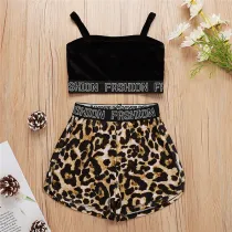 Toddler Girl Condole Belt Black Top Leopard Print Shorts Two Pieces Sets