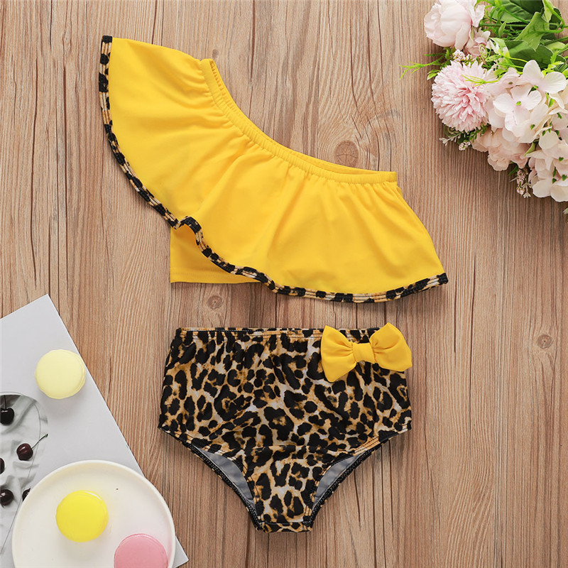 Kid Toddler Girl Leopard Print Bow Ruffles Bikini Set Beach Swimwear