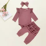 Baby Girl Ruffles Long Sleeves Bodysuit and Pants Two Pieces Outfits with Hairband