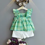 Toddler Girl Ruffles Plaid Top and Shorts Two Pieces Sets