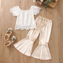 Toddler Girls White Crochet Lace Blouse Top and Velvet Flare Pant Two Pieces Set