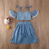 Toddler Girl Blue Polka Dots Halter Top Dovetail Dresses Shorts 3PCS Sets