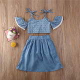 Toddler Girl Blue Polka Dots Halter Top Dovetail Dresses Shorts 3PCS Sets