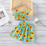 Toddler Girls Sunflowers Halter Vest Top and High Waist Skirt Two Pieces Sets