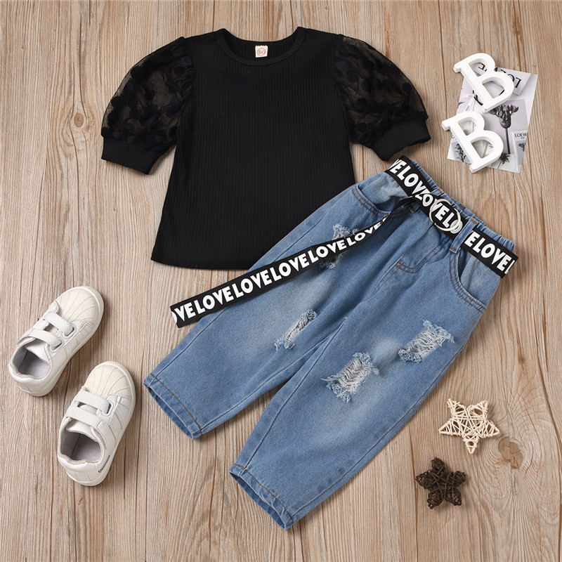 Toddler Girl Mesh Puff Sleeve Round Neck Top Letter Ribbon Ripped Denim Jeans Two Pieces Sets