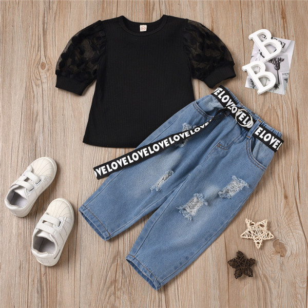 Toddler Girl Mesh Puff Sleeve Round Neck Top Letter Ribbon Ripped Denim Jeans Two Pieces Sets