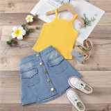 Toddler Girl Knitted Halter Vest Top Button Denim Skirt Two Pieces Sets