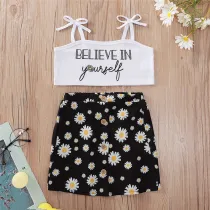 Toddler Girl Belive in Yourself Slogan Top Daisy Print Skirt Two Pieces Sets