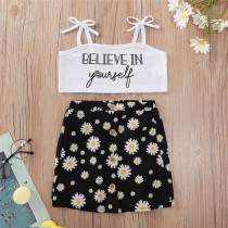 Toddler Girl Belive in Yourself Slogan Top Daisy Print Skirt Two Pieces Sets