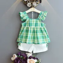 Toddler Girl Ruffles Plaid Top and Shorts Two Pieces Sets