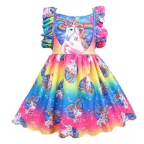Girl Dresses Ruffles Sleeves Rainbow Unicorn A-line Dresses